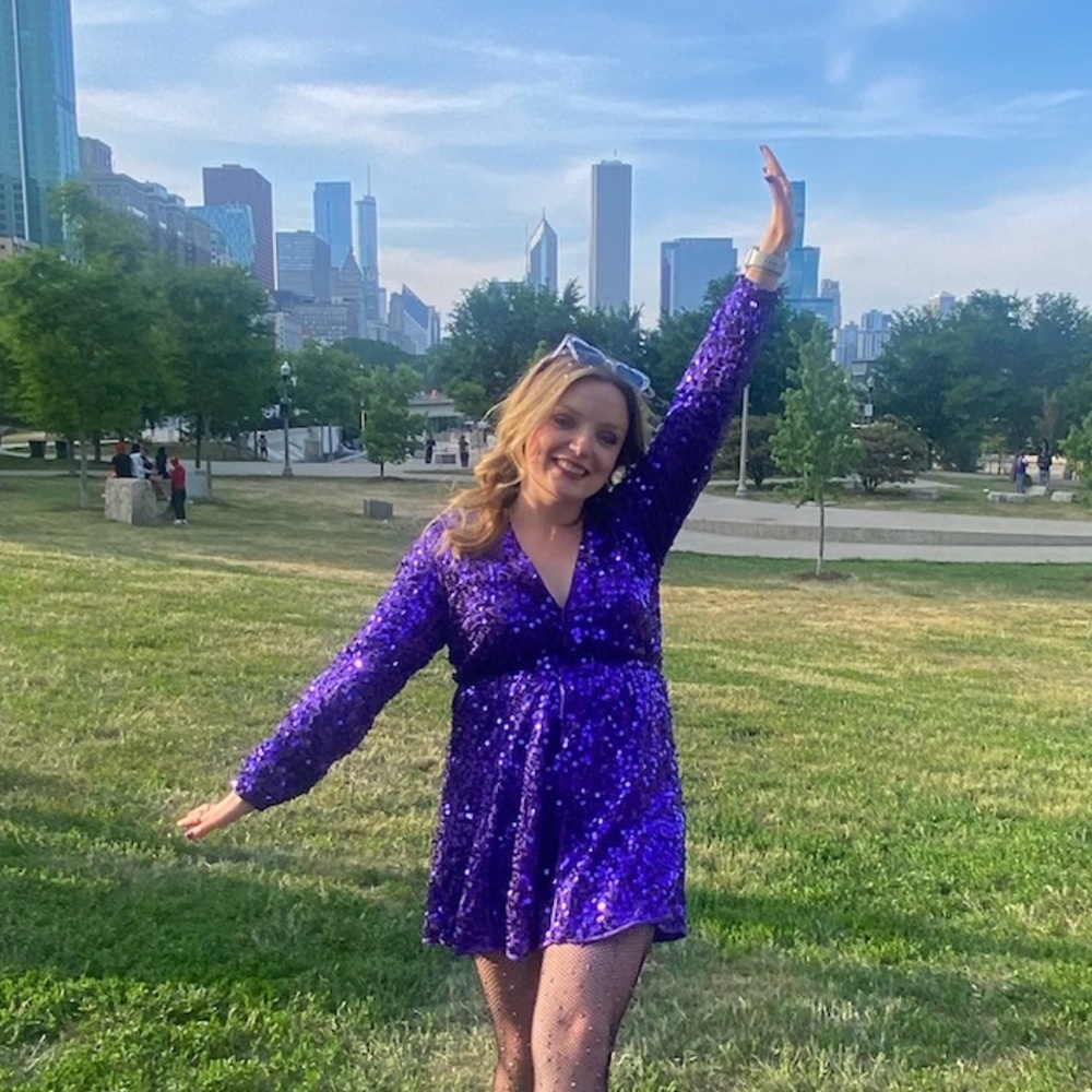 Purple sequin wrap dress